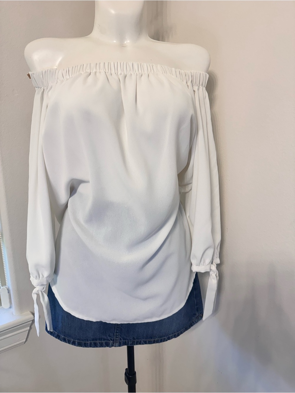 Off-Shoulder White Blouse with Tie Sleeve